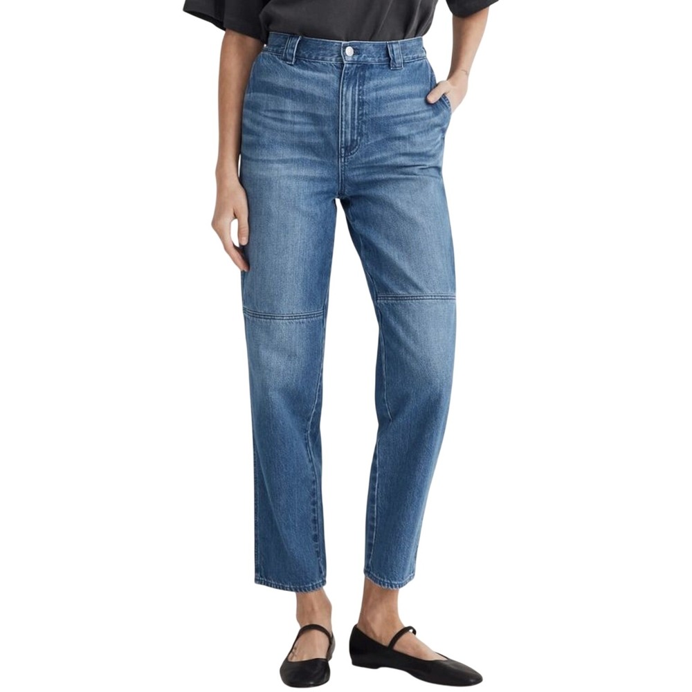 Madewell High Rise Tapered Crop Ankle Jeans Straight Pleat Medium Wash Blue 28